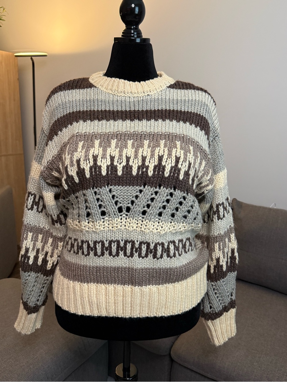 a.n.a Cream, Taupe & Brown Striped Chunky Knit Crew XL Sweater